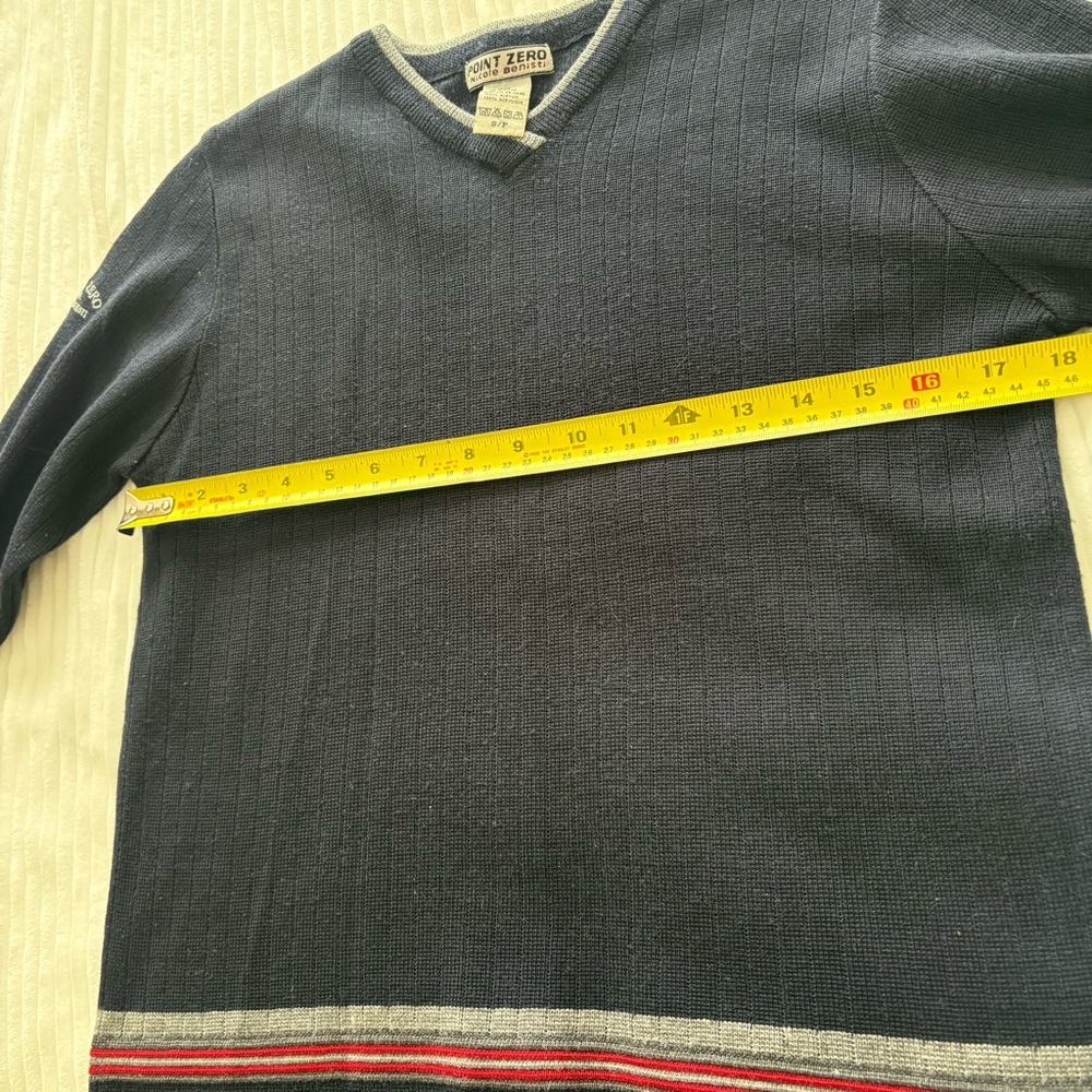 Vintage Point Zero Nicole Benisti Navy Ribbed V-Neck Sweater Striped Hem Y2K - Picture 5 of 6